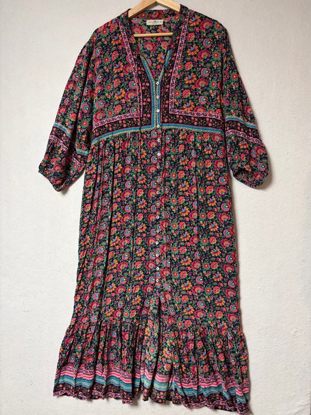 Natural Life XL Boho Floral Button Front Maxi Dress Tiered Ruffle Rayon Earthy - Picture 8 of 12